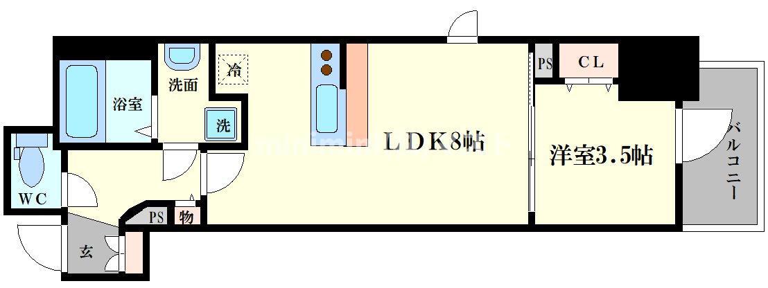 レジュールアッシュ谷町四丁目グランクラス(1LDK/4階)の間取り写真