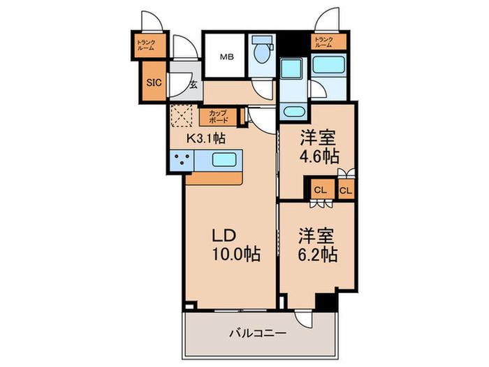 プラウドタワー北浜(2LDK/22階)の間取り写真