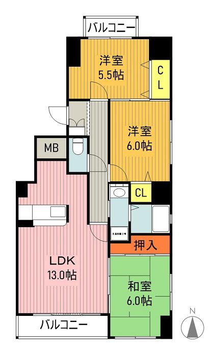 ピュアII原町(3LDK/5階)の間取り写真