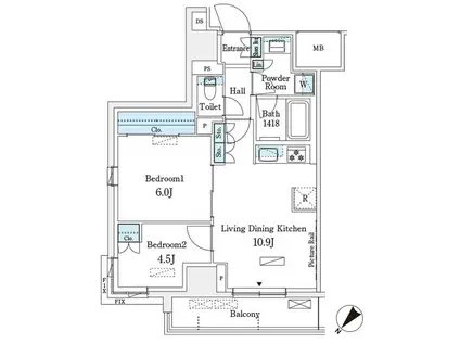 パークアクシス横浜伊勢佐木町通(2LDK/7階)の間取り写真
