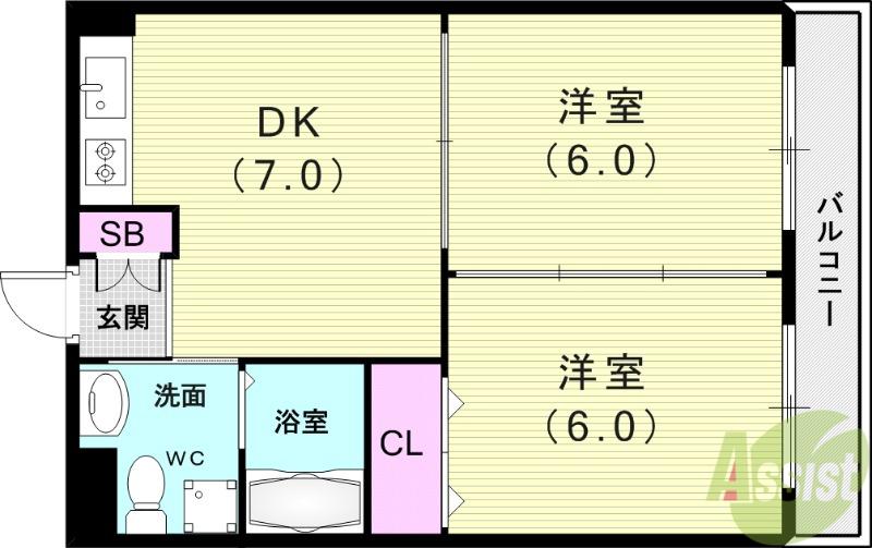レジェンド(2DK/3階)の間取り写真