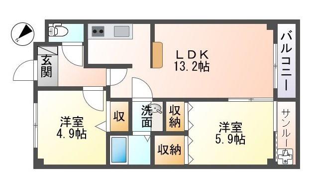 アルビオン鞍月(2LDK/5階)の間取り写真