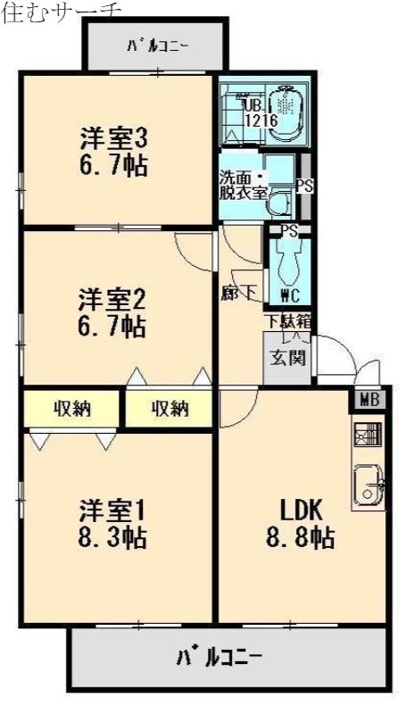 エンブレーム・和合(3DK/3階)の間取り写真