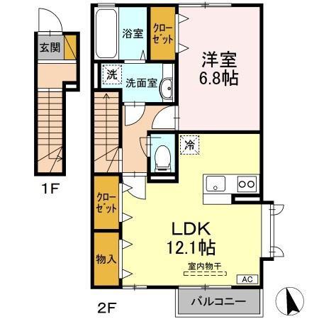 フォンテーヌB(1LDK/2階)の間取り写真