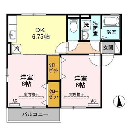 シャンベールB 2DK(2DK/2階)の間取り写真