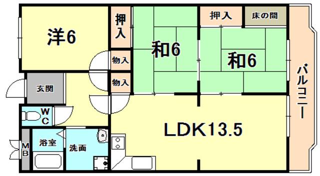 夙川ライムヴィラ(3LDK/4階)の間取り写真