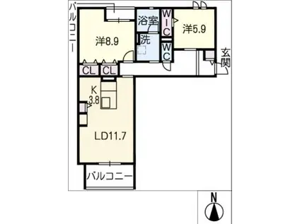 ラシーネ タン カルム(2LDK/1階)の間取り写真