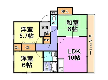 ヴィーブル芦屋(3LDK/2階)の間取り写真
