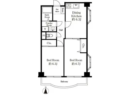 グランデール(2DK/4階)の間取り写真