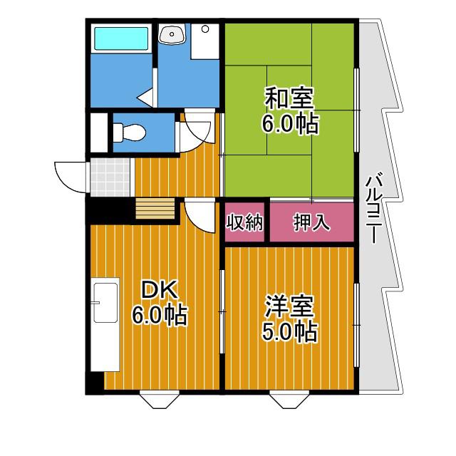 近鉄長野線 喜志駅 徒歩1分 5階建 築34年(2DK/2階)の間取り写真