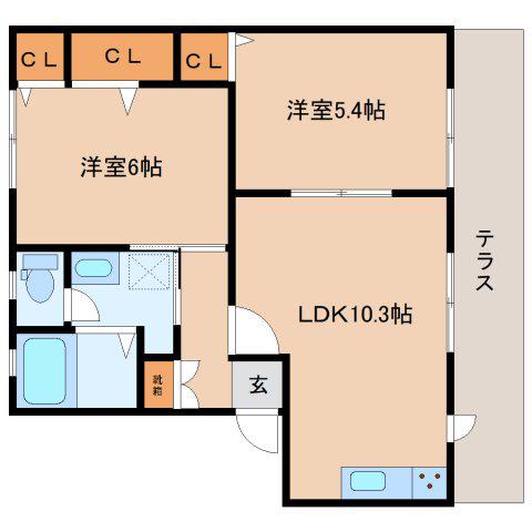 三室NK(2LDK/1階)の間取り写真