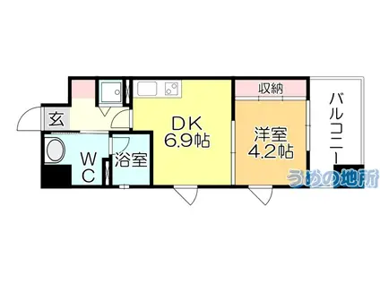 ルネッサンス21久留米六ツ門(1DK/11階)の間取り写真