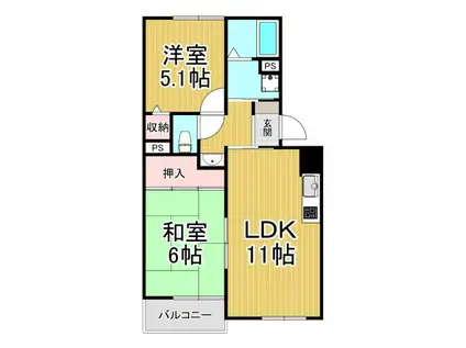 岡田山ハイツA(2LDK/1階)の間取り写真