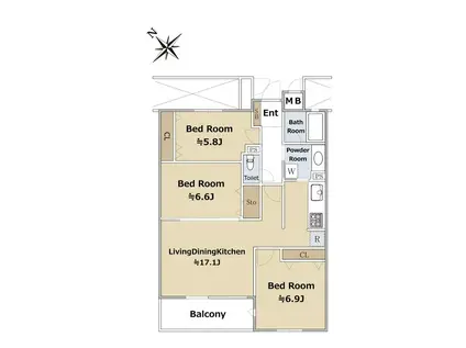 パレシェール芦屋東山(3LDK/3階)の間取り写真