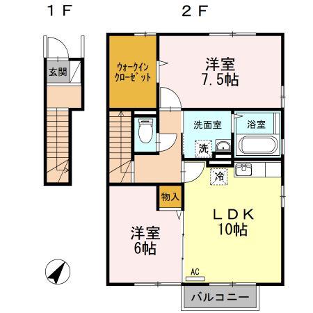 プロシードKB棟(2LDK/2階)の間取り写真