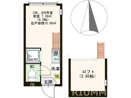 ハーモニーテラス幸町(ワンルーム/2階)の間取り写真
