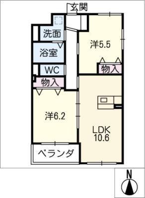 レジアスハイム遼仙III(2LDK/2階)の間取り写真