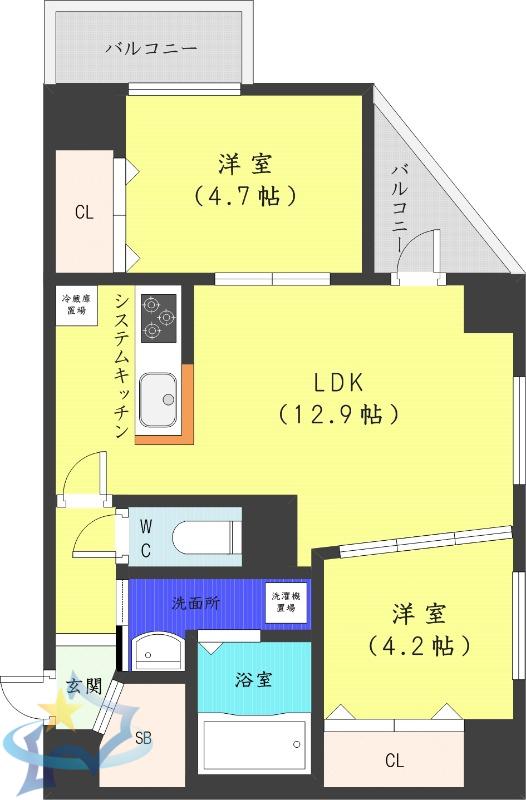 グランカーサ南6条(2LDK/6階)の間取り写真