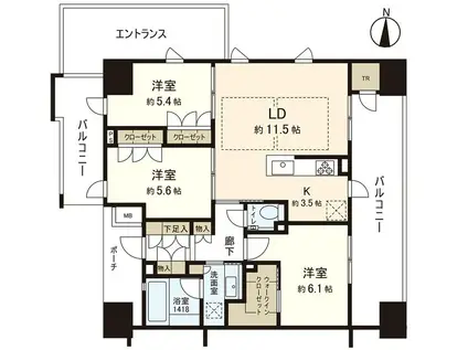プラウド仙台錦町(3LDK/6階)の間取り写真