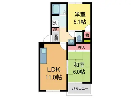 岡田山ハイツA(2LDK/1階)の間取り写真