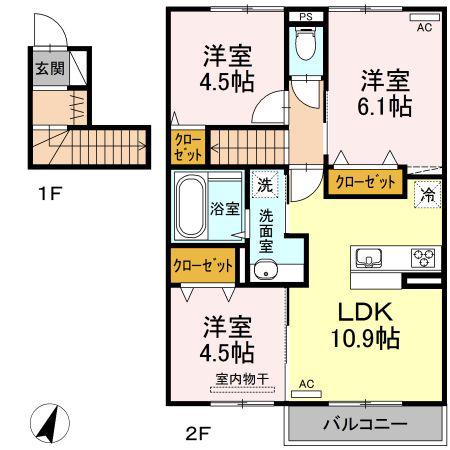 ディアコートやまが(3LDK/2階)の間取り写真