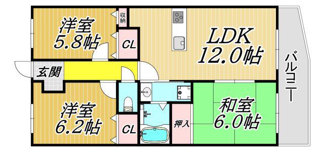 エンゼルハイツ東塚口(3LDK/5階)の間取り写真