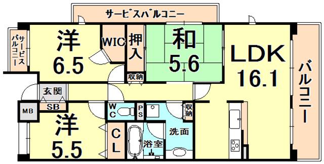 甲子園六石町ハイツ(3LDK/4階)の間取り写真