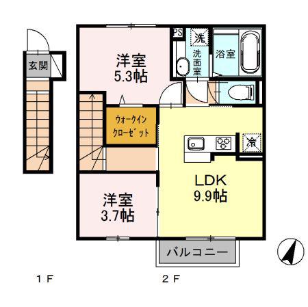 ARIETTA与原 B棟(2LDK/2階)の間取り写真