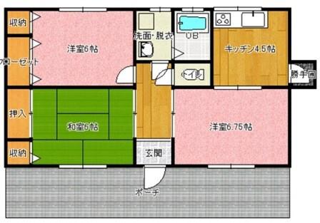 ＪＲ鹿島線 鹿島神宮駅 バス乗車時間：45分 最寄りバス停で下車 徒歩1分 1階建 築26年(3DK/1階)の間取り写真