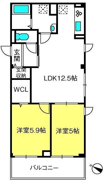 クレリアス若葉(2LDK/2階)の間取り写真