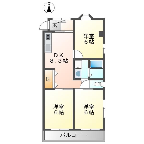 シティハイツ三本木(3DK/1階)の間取り写真