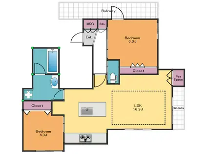 プライムシーズン代々木公園(2LDK/4階)の間取り写真