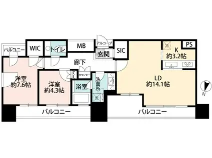 カテリーナ三田タワースイートウエスト(2LDK/17階)の間取り写真