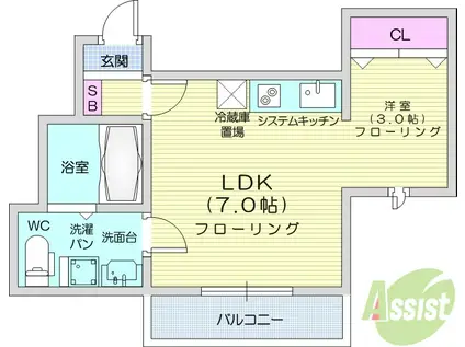 メリディアン白鳥(1LDK/3階)の間取り写真