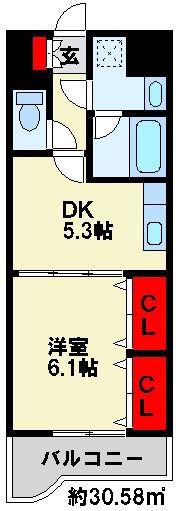 ニューシティアパートメンツ南小倉II(1DK/9階)の間取り写真