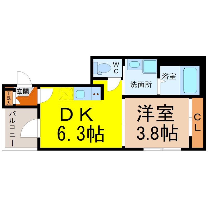 ハーモニーテラス平安通(1DK/3階)の間取り写真