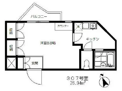 カームハウス中山(1K/3階)の間取り写真