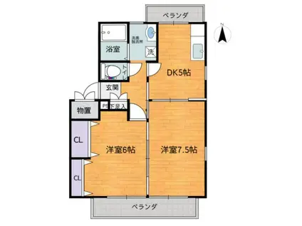 パルテ八山田C棟(2DK/1階)の間取り写真