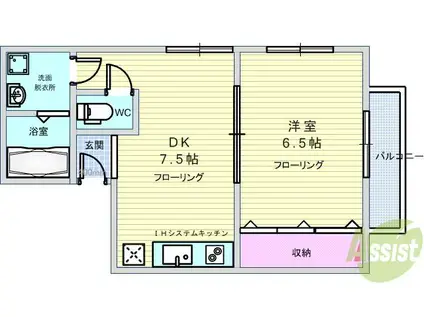 パインコート豊町(1DK/2階)の間取り写真