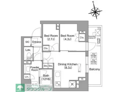 コンフォリア・リヴ門前仲町イースト(2DK/4階)の間取り写真