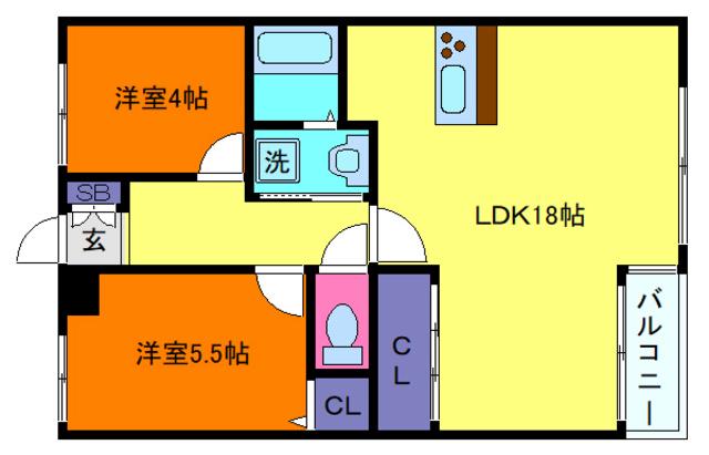 芦屋翠ヶ丘アーバンリズ(2LDK/3階)の間取り写真