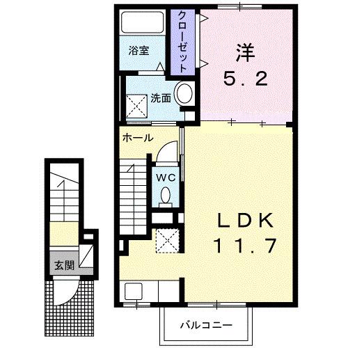 ベルエア木太C(1LDK/2階)の間取り写真