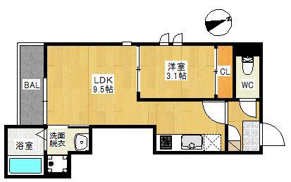 GRANDTIC 箱崎 SOLARE(1LDK/1階)の間取り写真