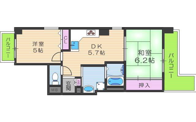 ライオンズマンション夕陽丘(2DK/6階)の間取り写真