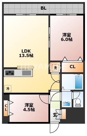 キャスティール五島町(2LDK/5階)の間取り写真