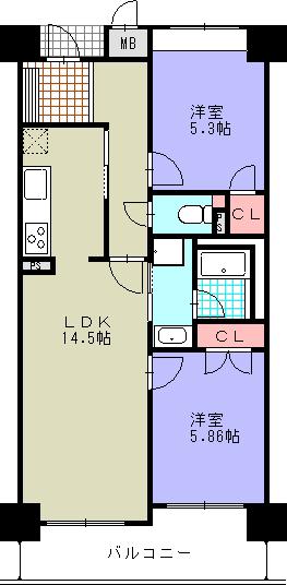 ＪＲ山田線 上盛岡駅 徒歩5分 14階建 築20年(2LDK/8階)の間取り写真