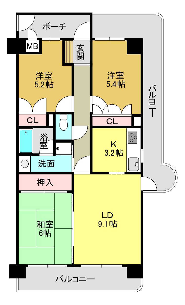 朝日プラザCITY南大和ウエストウィング(3LDK/5階)の間取り写真