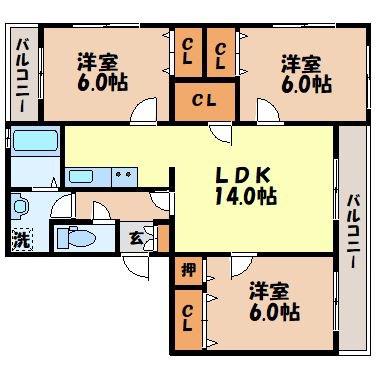 CUBE三原櫻館(3LDK/2階)の間取り写真