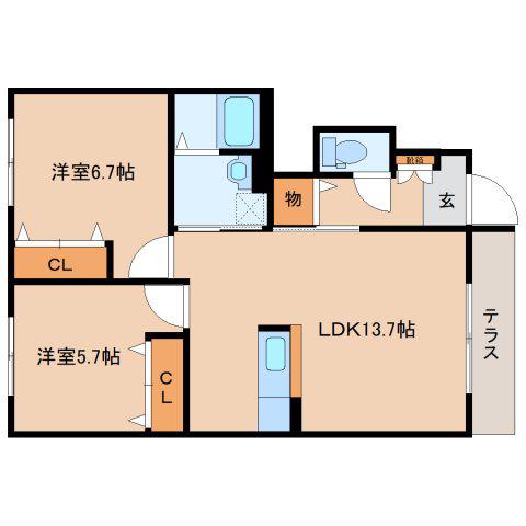 コンフォート東福寺B(2LDK/1階)の間取り写真
