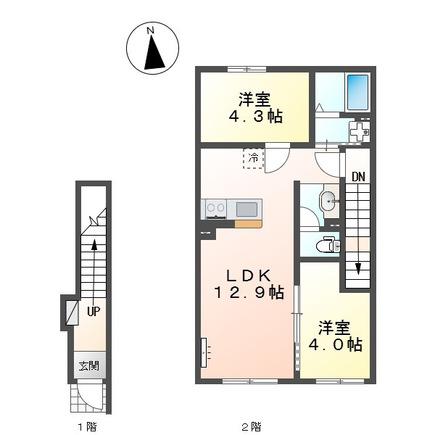 リバーヒルズ大津町 1LDK2LDK(2LDK/2階)の間取り写真